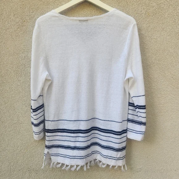TALBOTS Women's Sweater Medium White 100% Linen Nautical Fringe Summer Beachy - Picture 5 of 10